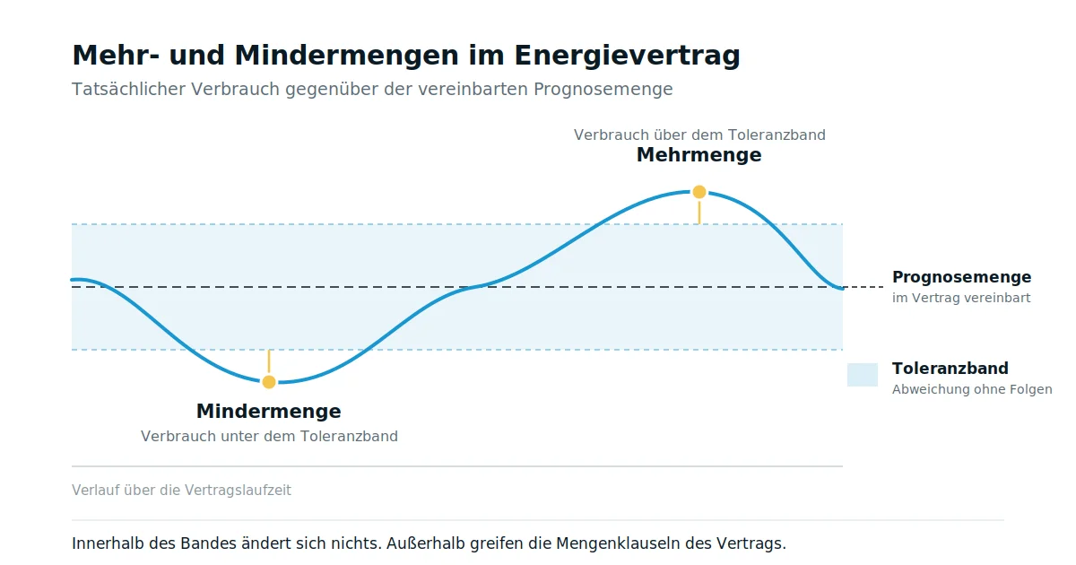 Diagramm: Verbrauchskurve, die einmal unter und einmal über das Toleranzband um die vereinbarte Prognosemenge ausbricht